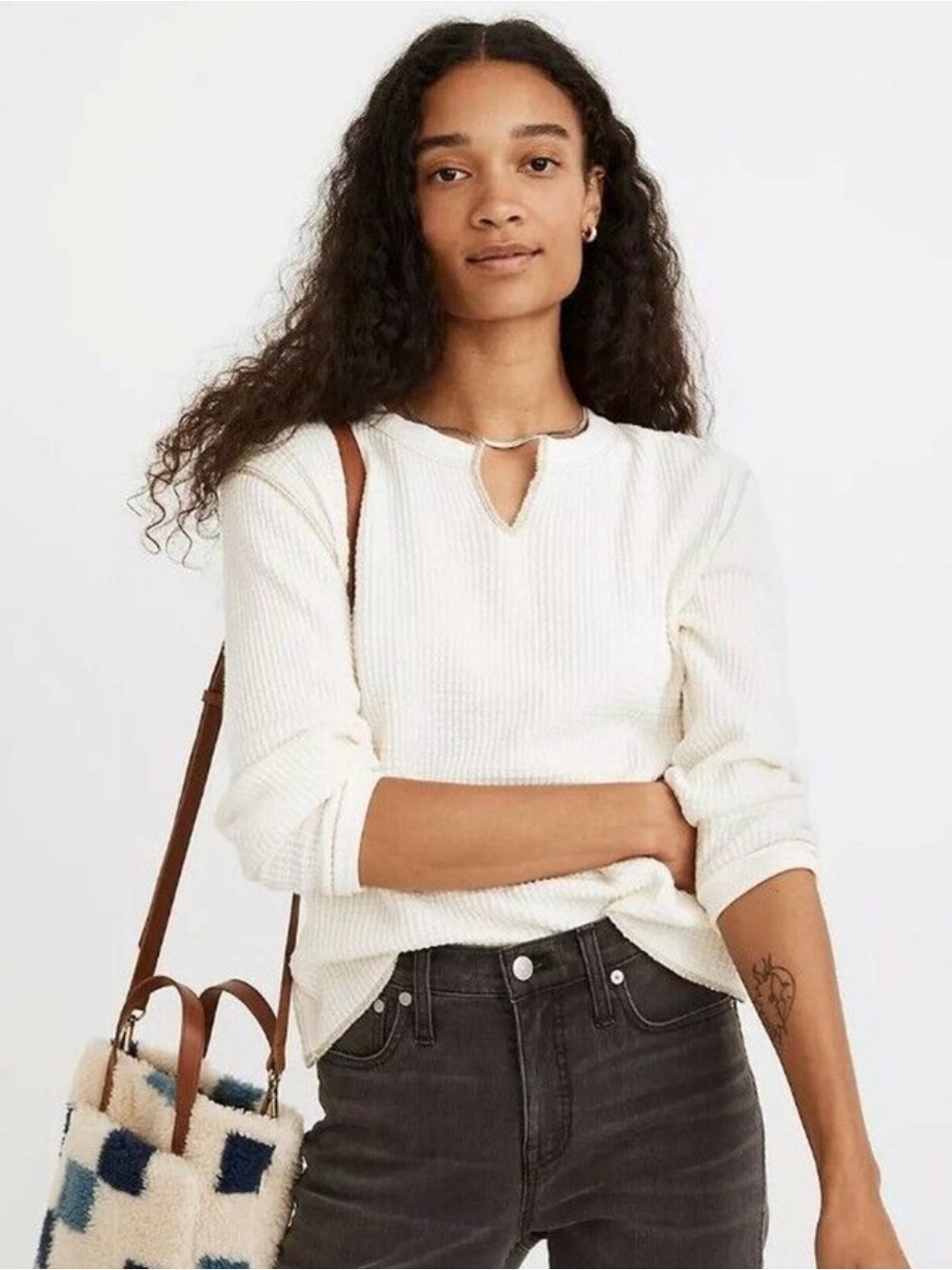 Madewell Waffle Knit Split-Neck Crop Tee Long Sleeve Cream XS NEW